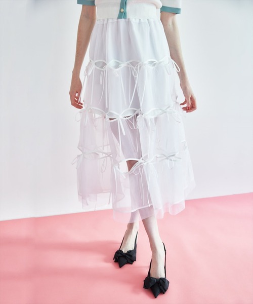 REDYAZEL（レディアゼル）の「リボンデザインチュールスカート（スカート・レディース・グレー/オフホワイト/ブラック・FREE）」の4枚目の写真