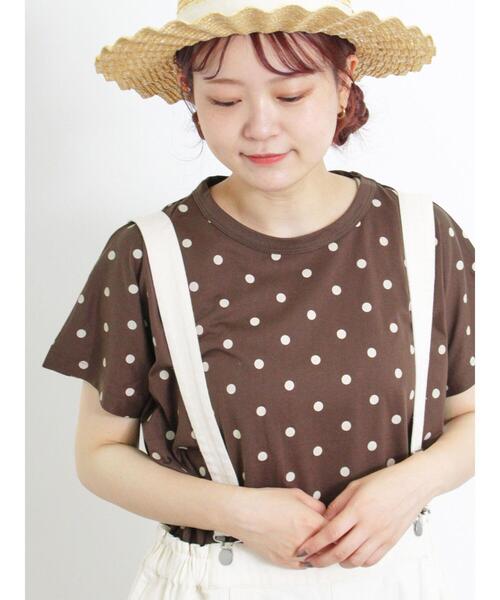 Samansa Mos2（サマンサ モスモス）の「【オーガニックコットン】ドット柄プリントTシャツ（Tシャツ/カットソー・レディース・ネイビー/ブラック/ブラウン/オフホワイト・F）」の4枚目の写真