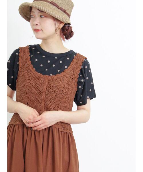 Samansa Mos2（サマンサ モスモス）の「【オーガニックコットン】ドット柄プリントTシャツ（Tシャツ/カットソー・レディース・ネイビー/ブラック/ブラウン/オフホワイト・F）」の3枚目の写真