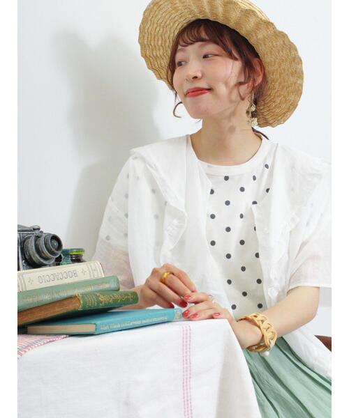 Samansa Mos2（サマンサ モスモス）の「【オーガニックコットン】ドット柄プリントTシャツ（Tシャツ/カットソー・レディース・ネイビー/ブラック/ブラウン/オフホワイト・F）」の5枚目の写真