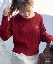ピュアルセシン　アルパカ　五分袖ニット　ケーブル編み　ニット　オレンジレッド　赤 ニット/セーター（レッド/赤色系・ショート丈）ファッション通販