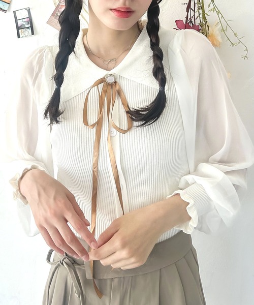 madrepadre(マドレパドレ)の「リボンタイシアースリーブシャツ(シャツ/ブラウス・レディース・ホワイト/ブラック・FREE)」の13枚目の写真