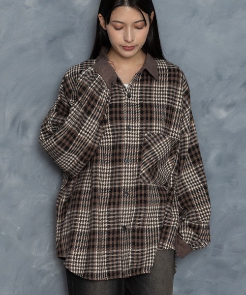 セール】Vintage-like collar corduroy check flannel shirt