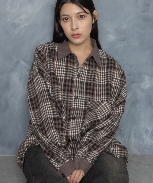セール】Vintage-like collar corduroy check flannel shirt 