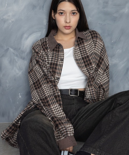 セール】Vintage-like collar corduroy check flannel shirt