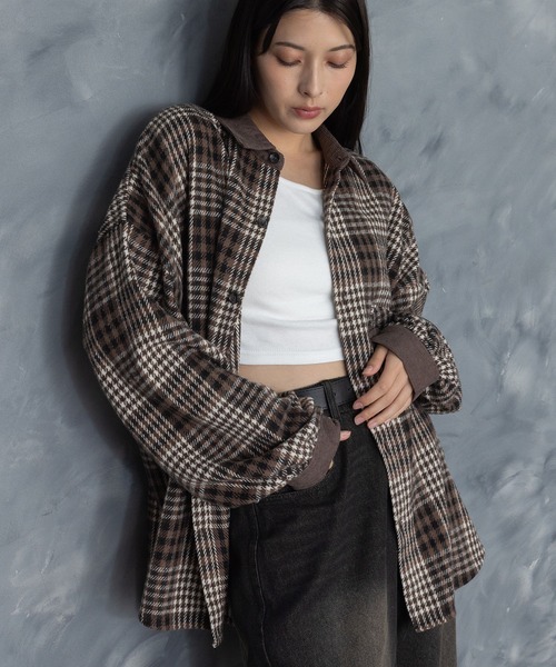 セール】Vintage-like collar corduroy check flannel shirt