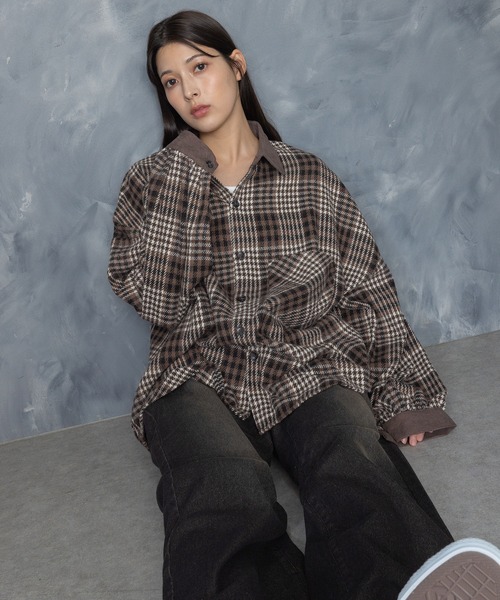 セール】Vintage-like collar corduroy check flannel shirt