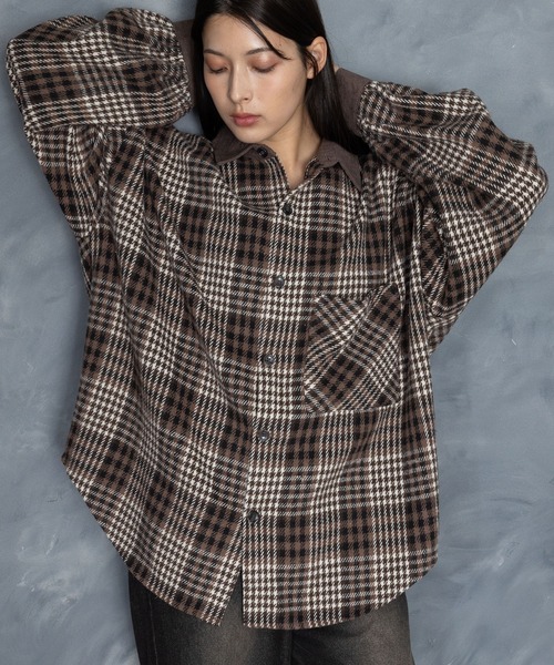 セール】Vintage-like collar corduroy check flannel shirt