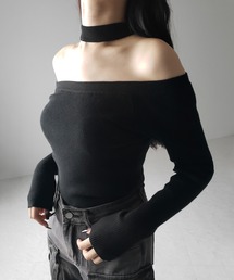 ※※【 ２color 】チョーカーオフショルリブニットトップス ／choker offshoulder lib knit tops