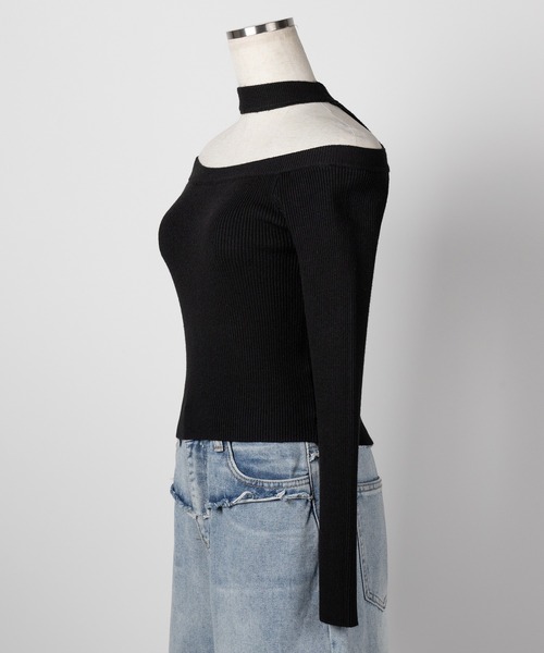 ノーブル　チョーカーリブニットトップス　黒 ノーブル チョーカーリブニットトップス 黒