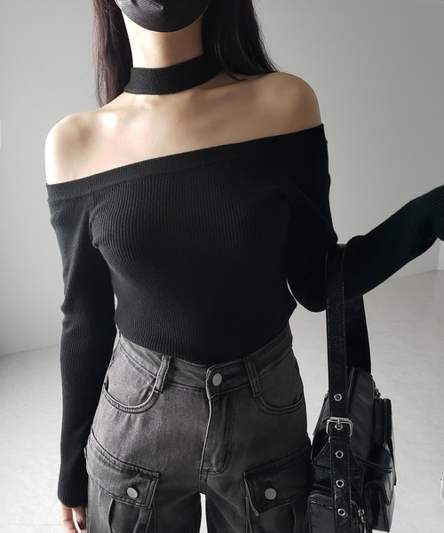 ノーブル　チョーカーリブニットトップス　黒 ノーブル チョーカーリブニットトップス 黒 セール】チョーカー