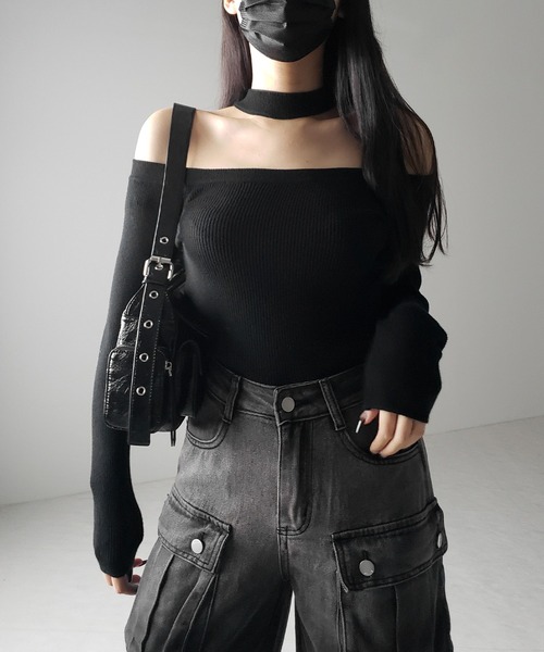 me+em select（ミームセレクト）の「※※【 ２color 】チョーカーオフショルリブニットトップス ／choker offshoulder lib knit tops（ニット/セーター・レディース・ブラック/アイボリー・FREE）」の7枚目の写真