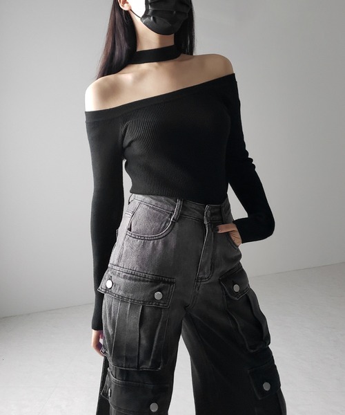 me+em select（ミームセレクト）の「※※【 ２color 】チョーカーオフショルリブニットトップス ／choker offshoulder lib knit tops（ニット/セーター・レディース・ブラック/アイボリー・FREE）」の9枚目の写真