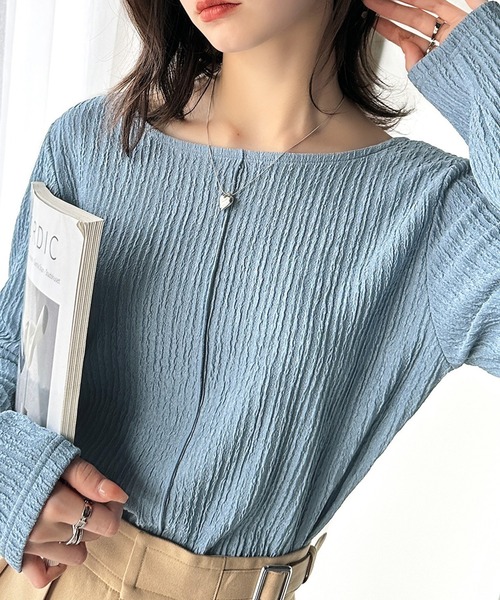 classicalelf(クラシカルエルフ)の「ストライプで煌めく抜け感。前後2wayジャガードトップス(長袖)(Tシャツ/カットソー・レディース・ライトグレー/アイボリー/ブラック/ブルー・LARGE/MEDIUM/SMALL/X-LARGE)」の4枚目の写真