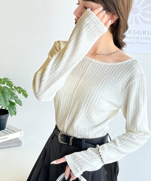 classicalelf(クラシカルエルフ)の「ストライプで煌めく抜け感。前後2wayジャガードトップス(長袖)(Tシャツ/カットソー・レディース・ライトグレー/アイボリー/ブラック/ブルー・LARGE/MEDIUM/SMALL/X-LARGE)」の8枚目の写真