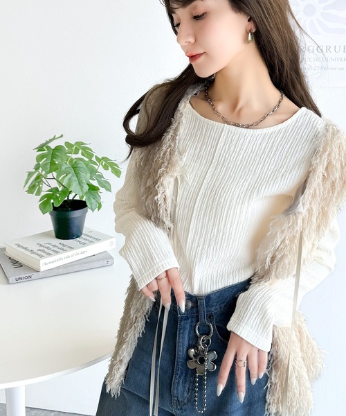 classicalelf(クラシカルエルフ)の「ストライプで煌めく抜け感。前後2wayジャガードトップス(長袖)(Tシャツ/カットソー・レディース・ライトグレー/アイボリー/ブラック/ブルー・LARGE/MEDIUM/SMALL/X-LARGE)」の7枚目の写真