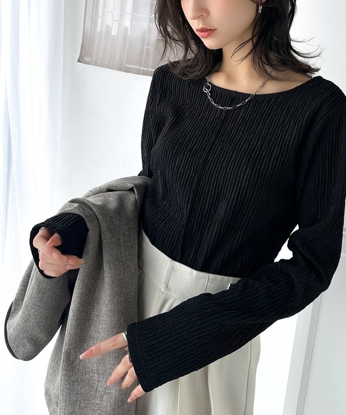 classicalelf(クラシカルエルフ)の「ストライプで煌めく抜け感。前後2wayジャガードトップス(長袖)(Tシャツ/カットソー・レディース・ライトグレー/アイボリー/ブラック/ブルー・LARGE/MEDIUM/SMALL/X-LARGE)」の12枚目の写真