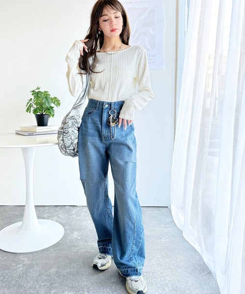 classicalelf(クラシカルエルフ)の「ストライプで煌めく抜け感。前後2wayジャガードトップス(長袖)(Tシャツ/カットソー・レディース・ライトグレー/アイボリー/ブラック/ブルー・LARGE/MEDIUM/SMALL/X-LARGE)」の6枚目の写真