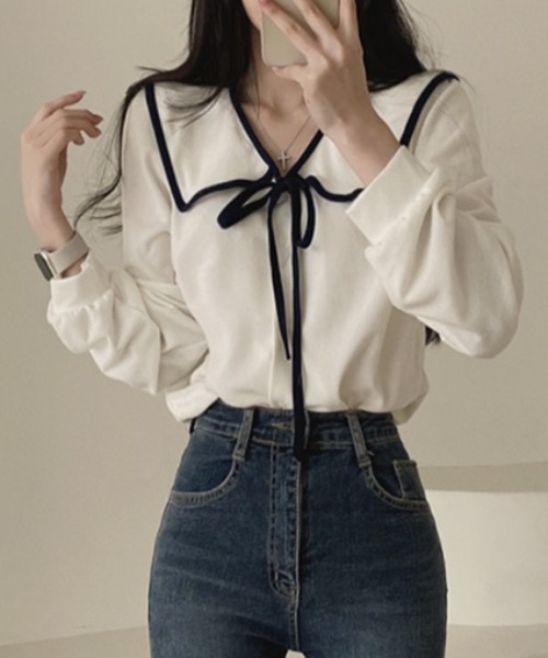 SHEPP(シープ)の「パイピングセーラーブラウス(シャツ/ブラウス・レディース・アイボリー/ホワイト/ブラック・M/L)」の5枚目の写真