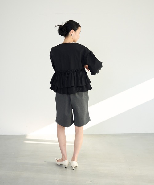 専用✨23区　ノーカラージャケット　綿　ステッチ　ペプラムフリル紺色48 大きい ノーカラーペプラムジャケット