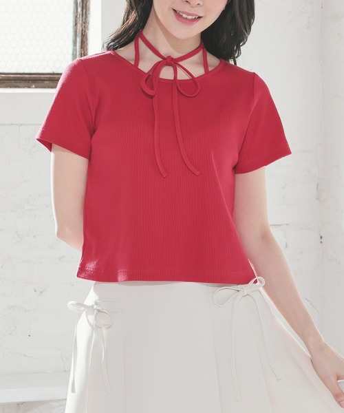 Honeys（ハニーズ）の「ホルター付トップス（Tシャツ/カットソー・レディース・レッド/ブラック/サックスブルー/アイボリー・S/M/L）」の7枚目の写真