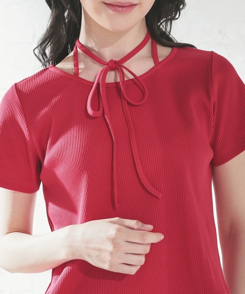 Honeys（ハニーズ）の「ホルター付トップス（Tシャツ/カットソー・レディース・レッド/ブラック/サックスブルー/アイボリー・S/M/L）」の10枚目の写真