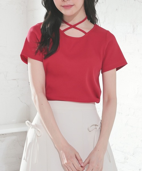 Honeys（ハニーズ）の「ホルター付トップス（Tシャツ/カットソー・レディース・レッド/ブラック/サックスブルー/アイボリー・S/M/L）」の11枚目の写真