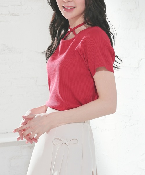 Honeys（ハニーズ）の「ホルター付トップス（Tシャツ/カットソー・レディース・レッド/ブラック/サックスブルー/アイボリー・S/M/L）」の12枚目の写真