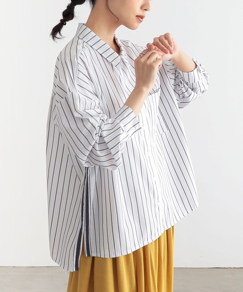 n'OrLABEL（ノアールレーベル）の「『サイドラインストライプシャツ』（シャツ/ブラウス・レディース・オフホワイト/ブルー/ネイビー/グリーン・FREE）」の2枚目の写真