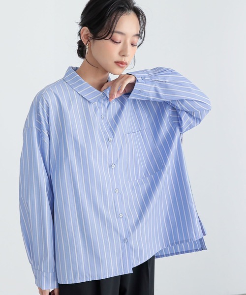 n'OrLABEL（ノアールレーベル）の「『サイドラインストライプシャツ』（シャツ/ブラウス・レディース・オフホワイト/ブルー/ネイビー/グリーン・FREE）」の6枚目の写真