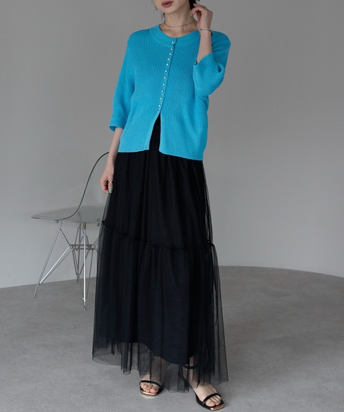 each（イーチ）の「ミニスタッズボタンサマーニット5分袖コンパクトカーデ（カーディガン/ボレロ・レディース・ブルー/ネイビー/ホワイト・FREE）」の11枚目の写真