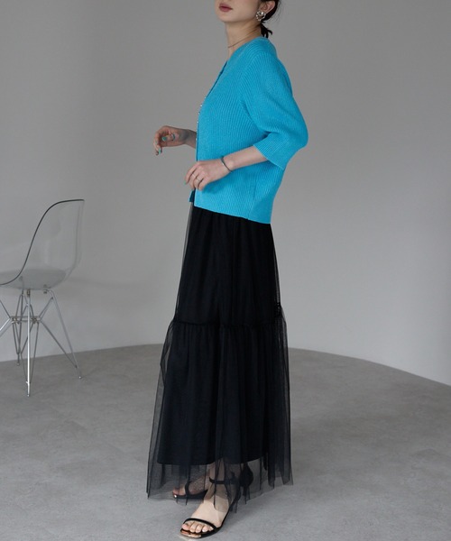 each（イーチ）の「ミニスタッズボタンサマーニット5分袖コンパクトカーデ（カーディガン/ボレロ・レディース・ブルー/ネイビー/ホワイト・FREE）」の13枚目の写真