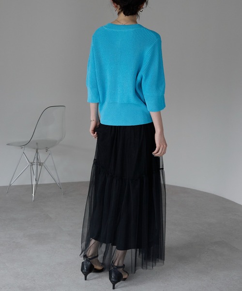 each（イーチ）の「ミニスタッズボタンサマーニット5分袖コンパクトカーデ（カーディガン/ボレロ・レディース・ブルー/ネイビー/ホワイト・FREE）」の14枚目の写真