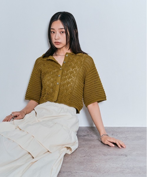 W:Huku（フーク）の「コンパクト クロシェ編み カーディガン / 半袖 ハーフスリーブ（カーディガン/ボレロ・レディース・チャコール/グリーン系その他/ブラック/オフホワイト・FREE）」の8枚目の写真