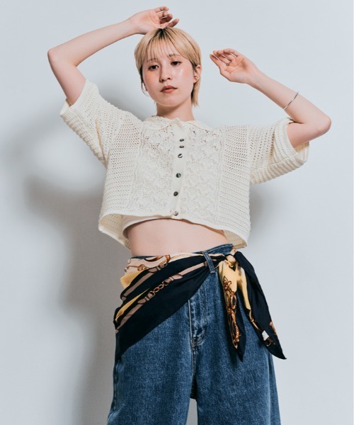 W:Huku（フーク）の「コンパクト クロシェ編み カーディガン / 半袖 ハーフスリーブ（カーディガン/ボレロ・レディース・チャコール/グリーン系その他/ブラック/オフホワイト・FREE）」の21枚目の写真