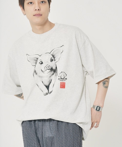 CORISCO(コリスコ)の「アニマル水墨画風Tシャツ(M1)(Tシャツ/カットソー・メンズ・オートミール/キナリ/ホワイト系1/ホワイト系2・MEDIUM/LARGE/X-LARGE)」の2枚目の写真