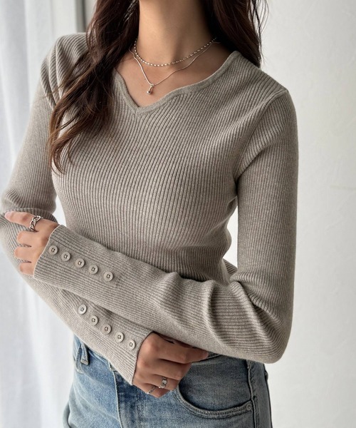 セール】デコルテラインで魅せる♪カーヴィーネックリブニット（長袖