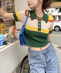 マルチボーダー 半袖サマーニットポロシャツ