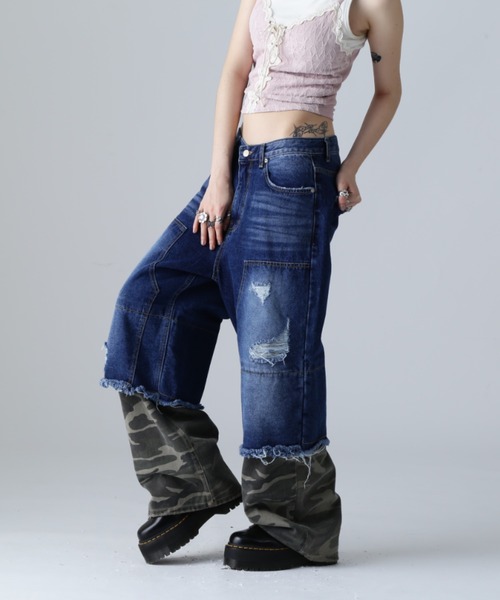SIS(エスアイエス)の「SIS/エスアイエス/カモレイヤードダメージデニム(デニムパンツ・レディース・インディゴブルー/ブラック・MEDIUM/LARGE)」の11枚目の写真