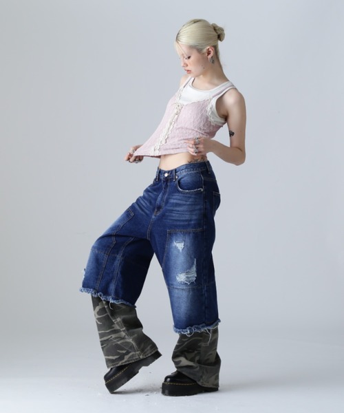 SIS(エスアイエス)の「SIS/エスアイエス/カモレイヤードダメージデニム(デニムパンツ・レディース・インディゴブルー/ブラック・MEDIUM/LARGE)」の16枚目の写真