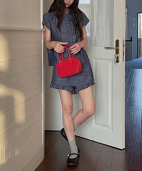 Girly Doll(ガーリードール)の「フリルデザインセットアップ 半袖シャツとショートパンツ(セットアップ・レディース・ネイビー/ベージュ・M/S)」の4枚目の写真