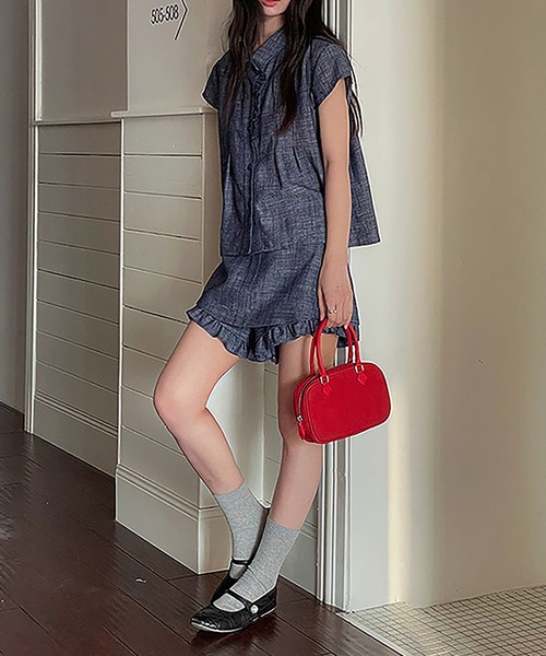 Girly Doll(ガーリードール)の「フリルデザインセットアップ 半袖シャツとショートパンツ(セットアップ・レディース・ネイビー/ベージュ・M/S)」の7枚目の写真