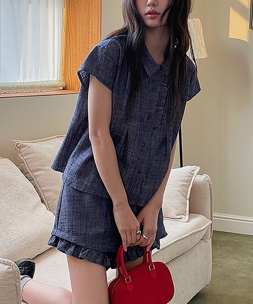 Girly Doll(ガーリードール)の「フリルデザインセットアップ 半袖シャツとショートパンツ(セットアップ・レディース・ネイビー/ベージュ・M/S)」の11枚目の写真