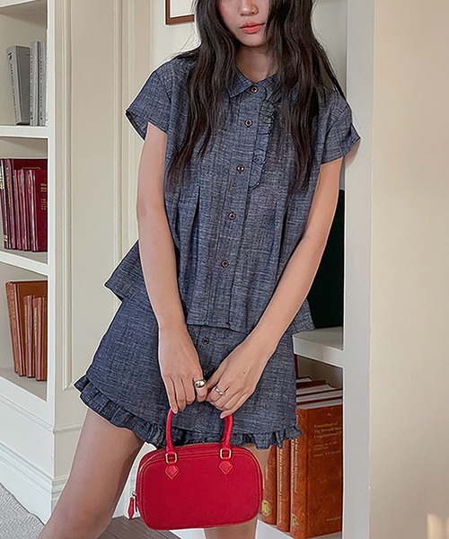 Girly Doll(ガーリードール)の「フリルデザインセットアップ 半袖シャツとショートパンツ(セットアップ・レディース・ネイビー/ベージュ・M/S)」の13枚目の写真