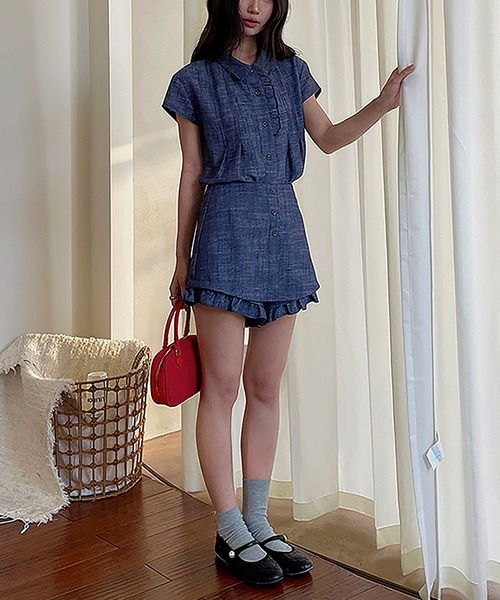 Girly Doll(ガーリードール)の「フリルデザインセットアップ 半袖シャツとショートパンツ(セットアップ・レディース・ネイビー/ベージュ・M/S)」の14枚目の写真