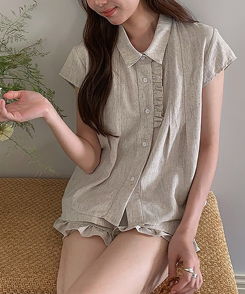 Girly Doll(ガーリードール)の「フリルデザインセットアップ 半袖シャツとショートパンツ(セットアップ・レディース・ネイビー/ベージュ・M/S)」の15枚目の写真