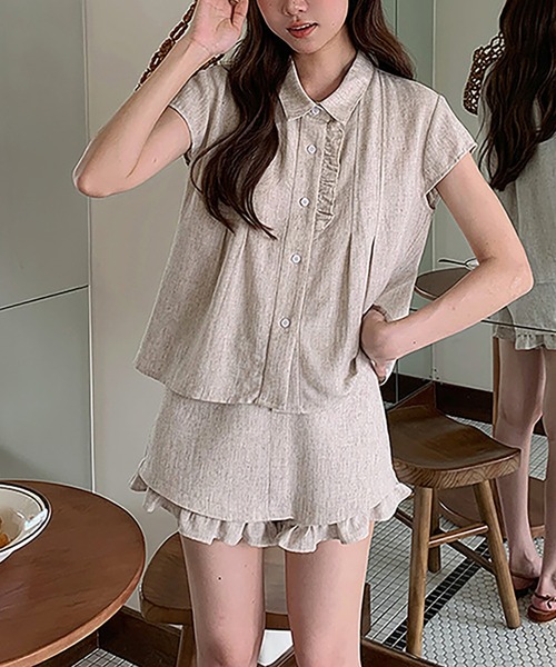Girly Doll(ガーリードール)の「フリルデザインセットアップ 半袖シャツとショートパンツ(セットアップ・レディース・ネイビー/ベージュ・M/S)」の20枚目の写真