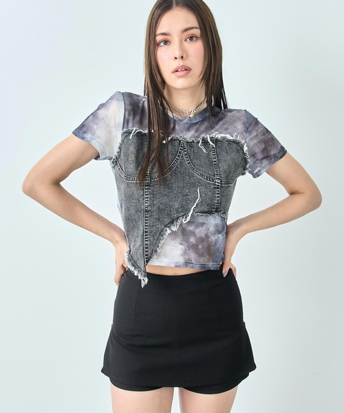 ANAP(アナップ)の「デニム ビスチェ ドッキング ニュアンス シアー Tシャツ(Tシャツ/カットソー・レディース・グレー/インディゴブルー・FREE)」の1枚目の写真
