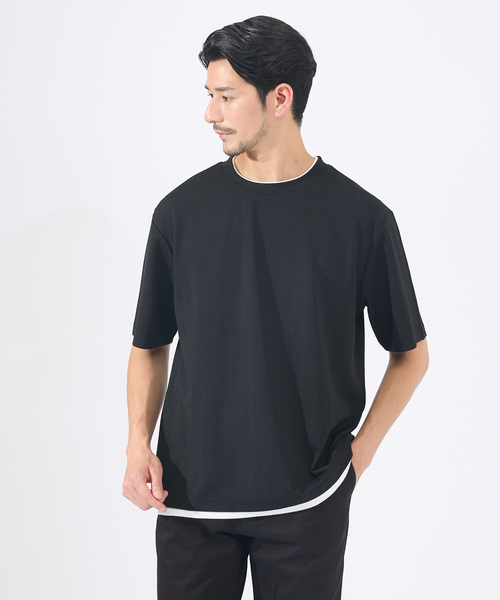 ABAHOUSE GRAY(アバハウスグレイ)の「【レイヤード】ストライプ ジャガード 半袖Tシャツ(Tシャツ/カットソー・メンズ・グレイッシュベージュ/ホワイト/ネイビー/ブラック・46/48)」の2枚目の写真