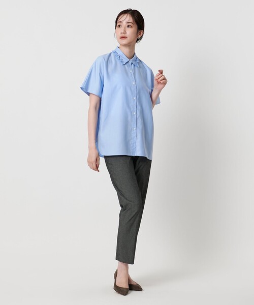 新品 ユナイテッドアローズ ミニフリル シャツ ネイビー 半袖 UNITED ARROWS（ユナイテッドアローズ）の「ミニフリル シャツ